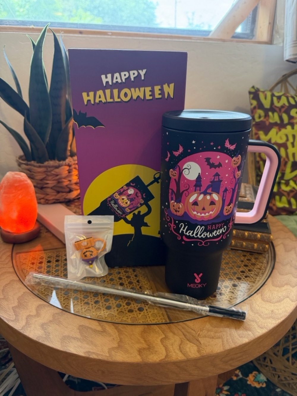 Pink & Black Happy Halloween Insulated Travel Mug